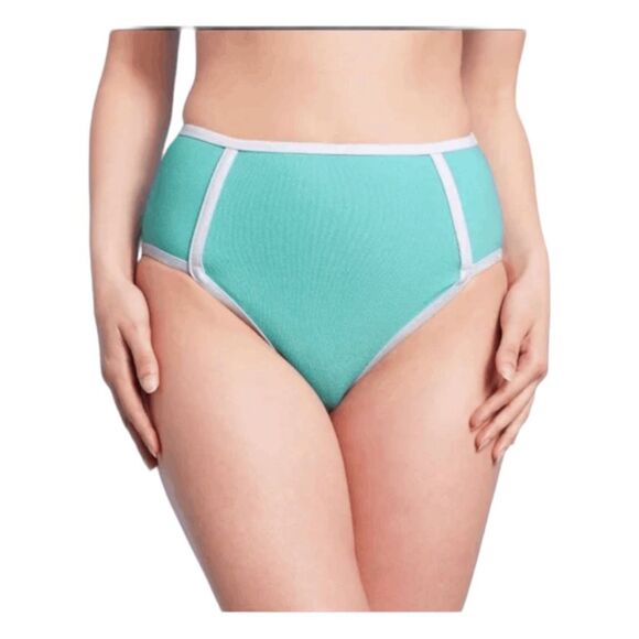 Kona Sol High Waist Bikini Bottom Teal Green Terry Textured Solid High Leg Swims - Picture 1 of 10